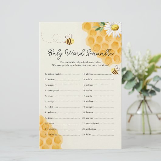 Sweet Little Honey Bee Baby shower Word Scramble (Staand voorkant)