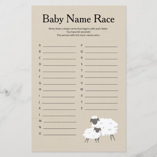 Sweet Little Lamb Baby Naam Race Sbaby Shower Game (Voorkant)
