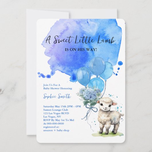 Sweet Little Lamb Baby shower Blue Waterverf Kaart (Voorkant)