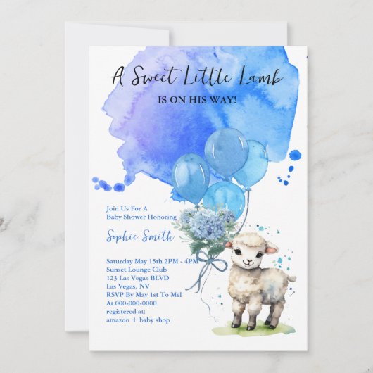 Sweet Little Lamb Baby shower Blue Waterverf Kaart (Voorkant)