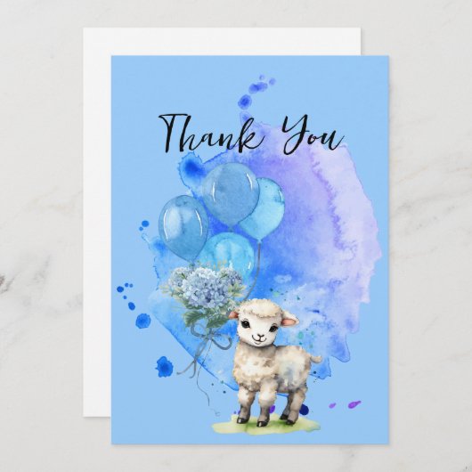 Sweet Little Lamb Blue Hyrangea Balloons Dank u Kaart (Voorkant / Achterkant)