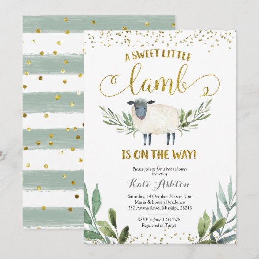 Sweet Little Lamb Greenery Baby shower Invitation Kaart (Voorkant / Achterkant)