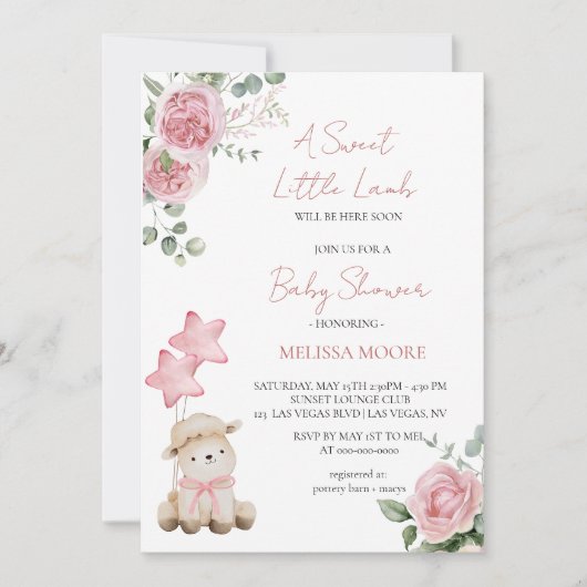 Sweet Little Lamb Mauve Roze baby shower Kaart (Voorkant)