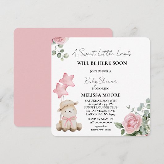 Sweet Little Lamb Pink Waterverf Flowers Kaart (Voorkant / Achterkant)