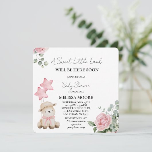 Sweet Little Lamb Pink Waterverf Flowers Kaart (Staand voorkant)