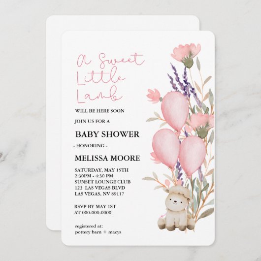 Sweet Little Lamb roze ballon wilde bloem Kaart (Voorkant / Achterkant)