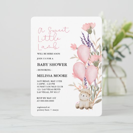 Sweet Little Lamb roze ballon wilde bloem Kaart (Staand voorkant)