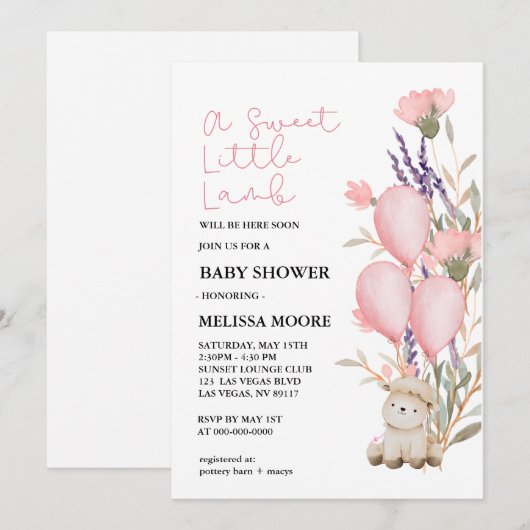 Sweet Little Lamb roze ballon wilde bloem Kaart (Voorkant / Achterkant)