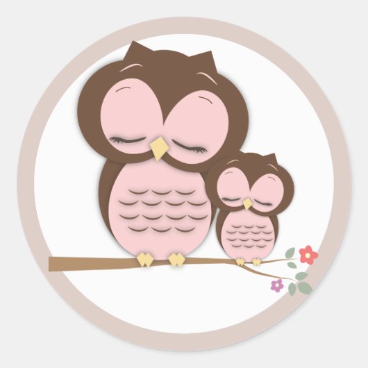 Sweet Little Mama & Baby Owl on a Branch Ronde Sticker (Voorkant)