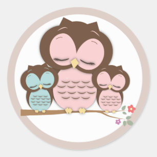 Sweet Little Mama & Twin Baby Owls on a Branch Ronde Sticker