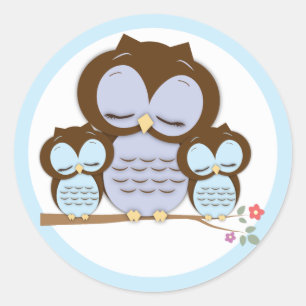 Sweet Little Mama & Twin Baby Owls on a Branch Ronde Sticker
