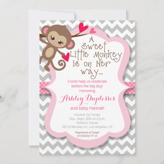 Sweet Little Monkey Girl Baby shower Invitation Kaart (Voorkant)