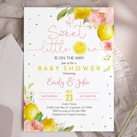 Sweet Little One Lemon Baby shower Invitation Roze Kaart