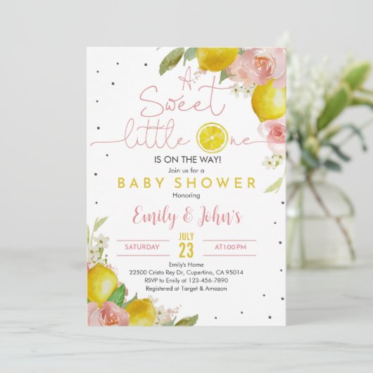 Sweet Little One Lemon Baby shower Invitation Roze Kaart (Staand voorkant)