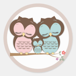Sweet Little Owl Familie op een tak Ronde Sticker