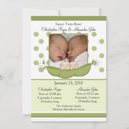 Sweet Little Pea Twin Boys Photo Announcement Card Kaart (Voorkant)