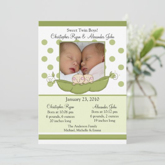 Sweet Little Pea Twin Boys Photo Announcement Card Kaart (Staand voorkant)