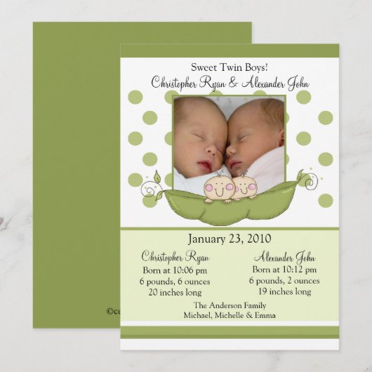 Sweet Little Pea Twin Boys Photo Announcement Card Kaart (Voorkant / Achterkant)