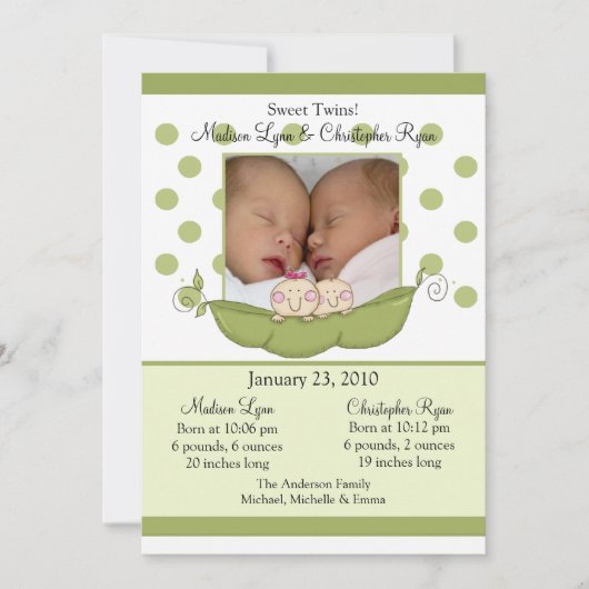 Sweet Little Pea Twins Photo Announcard Kaart (Voorkant)