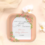 Sweet Little Peach Baby shower Papieren Bordje<br><div class="desc">Stap in de zoete anticipatie van de komst van een kleintje met ons ontwerp! Het ontwerp ontvouwt zich in een delicaat lijst dat is versierd met weelderige waterverf perziken, waardoor een schilderachtige rand ontstaat die de komende blijdschap symboliseert. Achter het lijst baadt de achtergrond in de trendy Perzikkleur, waardoor de...</div>