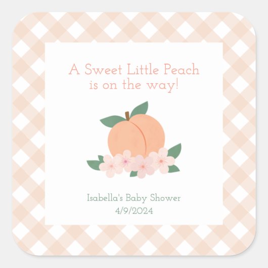 Sweet Little Peach Baby shower Vierkante Sticker (Voorkant)