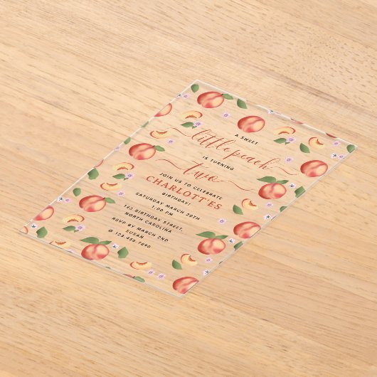 Sweet Little Peach Kinderverjaardagsfeestje Acryl Uitnodigingen (Laagn)