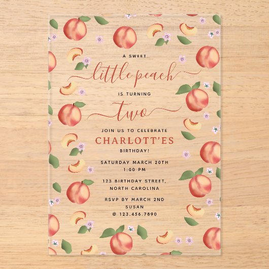 Sweet Little Peach Kinderverjaardagsfeestje Acryl Uitnodigingen (Voorkant)
