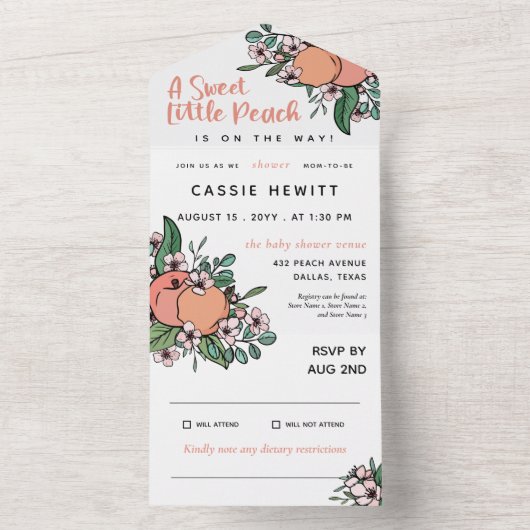 Sweet Little Peach On the Way Baby shower All In One Uitnodiging (Binnen)