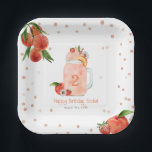 Sweet Little Peach Smoothie 2e verjaardag Party Papieren Bordje<br><div class="desc">Vruchten gladmaken de verjaardagsuitnodiging met een illustratie van perziken die met aardbeien en madeliefje zijn getopt. Pas het aantal op gladheid aan.</div>