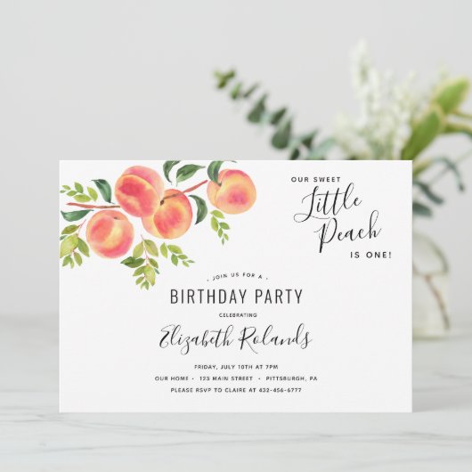 Sweet Little Peach Verjaardagsuitnodiging Kaart (Staand voorkant)