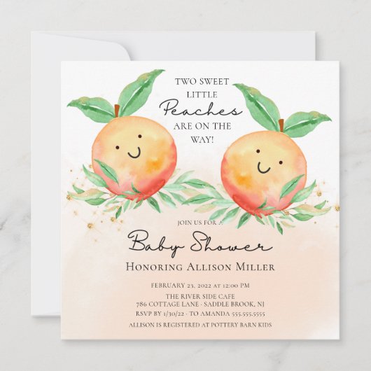 Sweet Little Peaches Twins Baby shower Invitation Kaart (Voorkant)