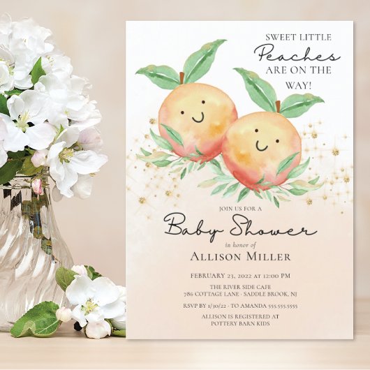 Sweet Little Peaches Twins Baby shower Invitation Kaart