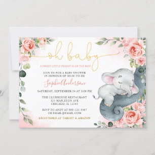 Sweet Little Peanut Girl Elephant Baby shower Invi Kaart