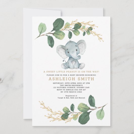 Sweet Little Peanut Greenery Elephant Baby shower Kaart (Voorkant)