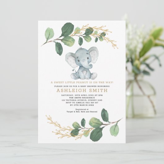 Sweet Little Peanut Greenery Elephant Baby shower Kaart (Staand voorkant)