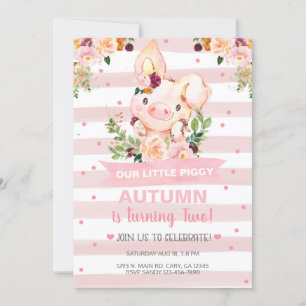 Sweet Little Piggy Pig Girl Birthday Invite. Kaart