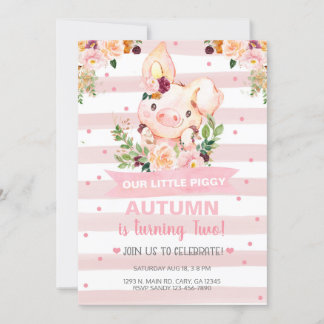 Sweet Little Piggy Pig Girl Birthday Invite. Kaart