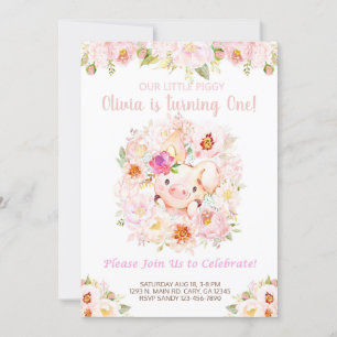 Sweet Little Piggy Pig Girl Birthday Invite. Kaart
