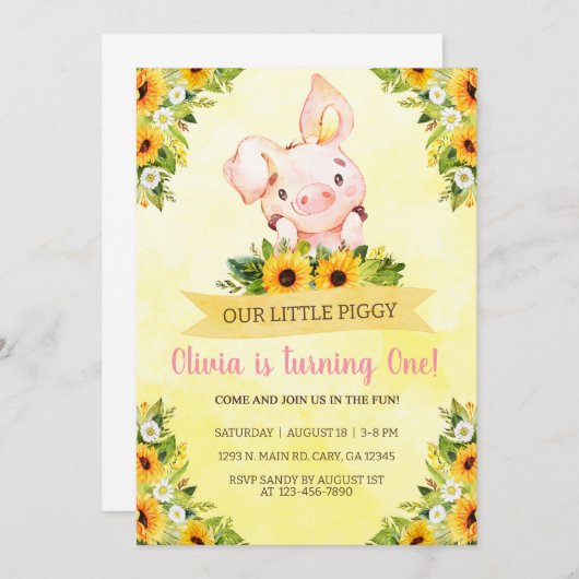 Sweet Little Piggy Pig Girl Birthday Invite. Uitno Kaart (Voorkant / Achterkant)