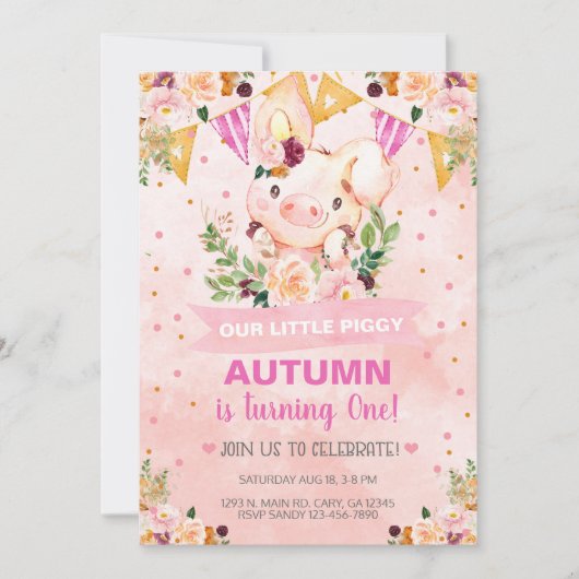Sweet Little Piggy Pig Girl Birthday Invite. Uitno Kaart (Voorkant)
