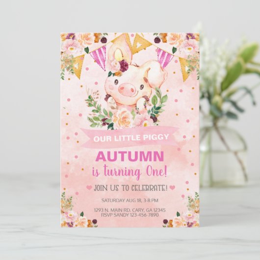 Sweet Little Piggy Pig Girl Birthday Invite. Uitno Kaart (Staand voorkant)