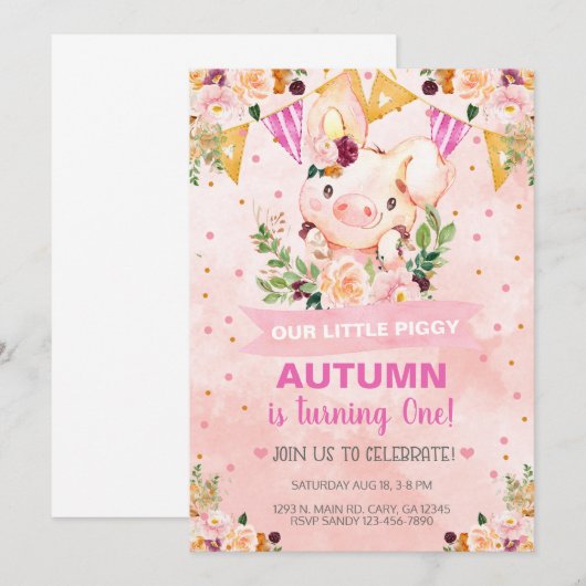 Sweet Little Piggy Pig Girl Birthday Invite. Uitno Kaart (Voorkant / Achterkant)