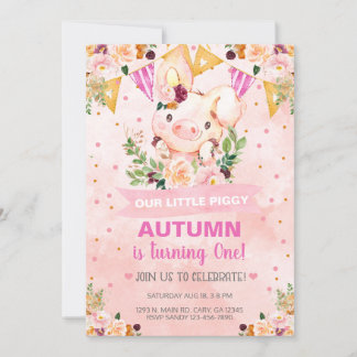 Sweet Little Piggy Pig Girl Birthday Invite. Uitno Kaart