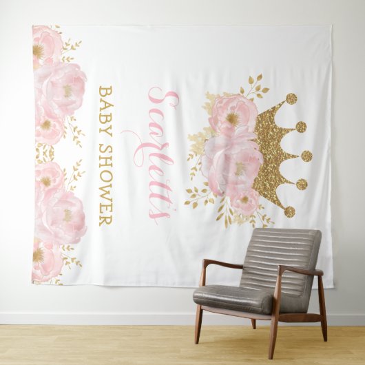 Sweet Little Princess Blush Floral Gold Crown Baby Wandkleed (In Situ (horizontaal))