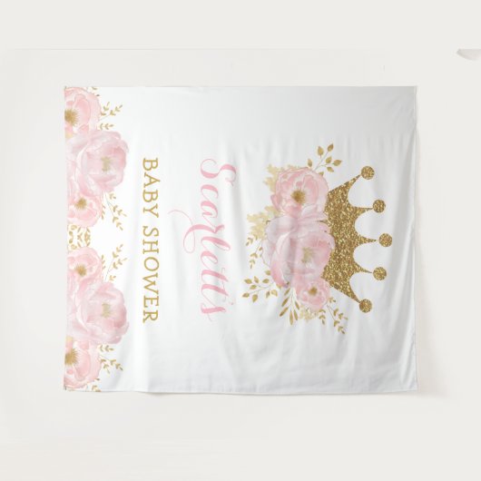 Sweet Little Princess Blush Floral Gold Crown Baby Wandkleed (Voorkant (horizontaal))