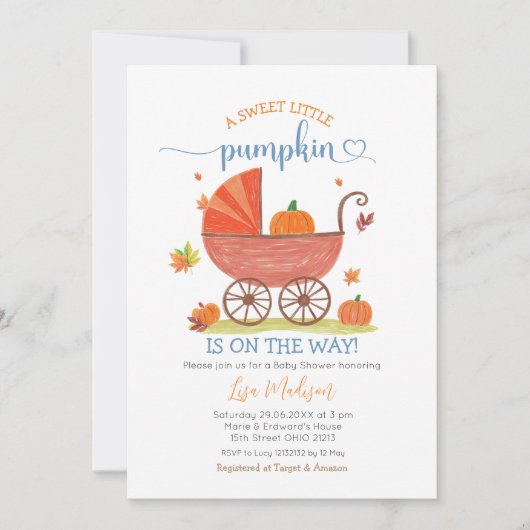 Sweet Little Pumpkin Baby Carriage Baby shower Kaart (Voorkant)