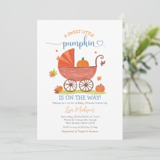 Sweet Little Pumpkin Baby Carriage Baby shower Kaart (Staand voorkant)