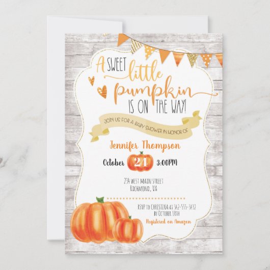 Sweet Little Pumpkin Baby shower Invitation Kaart (Voorkant)