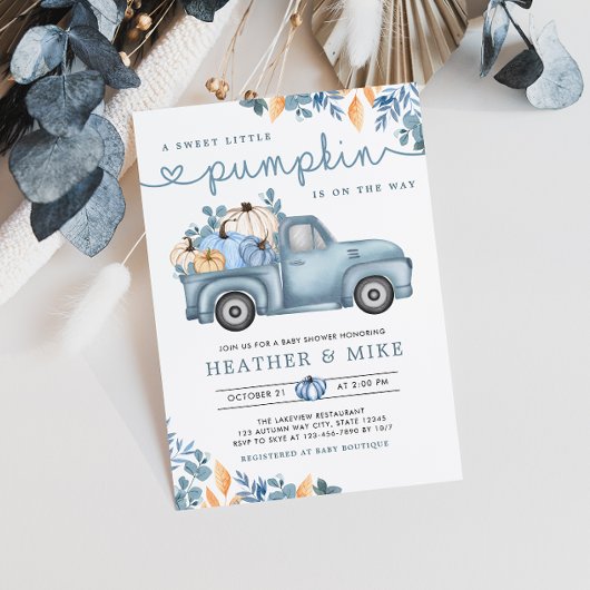 Sweet Little Pumpkin Blue Autumn Baby shower Kaart