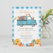Sweet Little Pumpkin Blue Gingham Herfst Baby show Kaart (Staand voorkant)